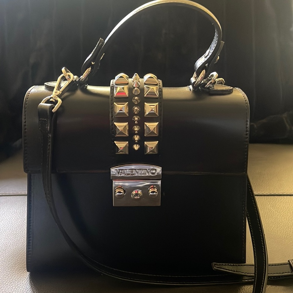 Valentino medium crossbody bag. Black with silver studs and removal strap.